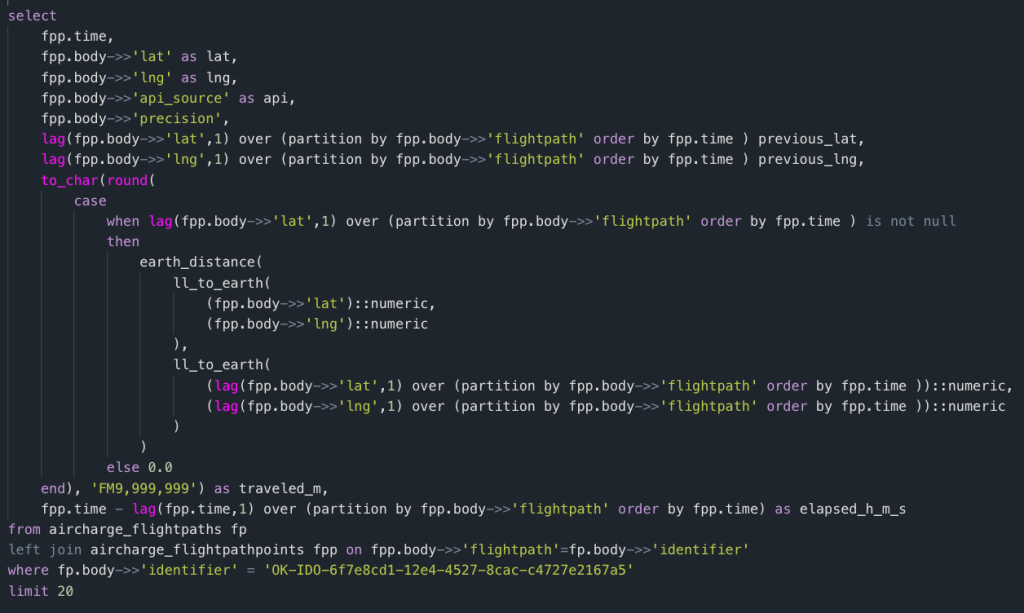 A quickly typed out query making use of several postgres features; timescale hypertables (time series), JSONB, window analysis, earth_distance (GIS)